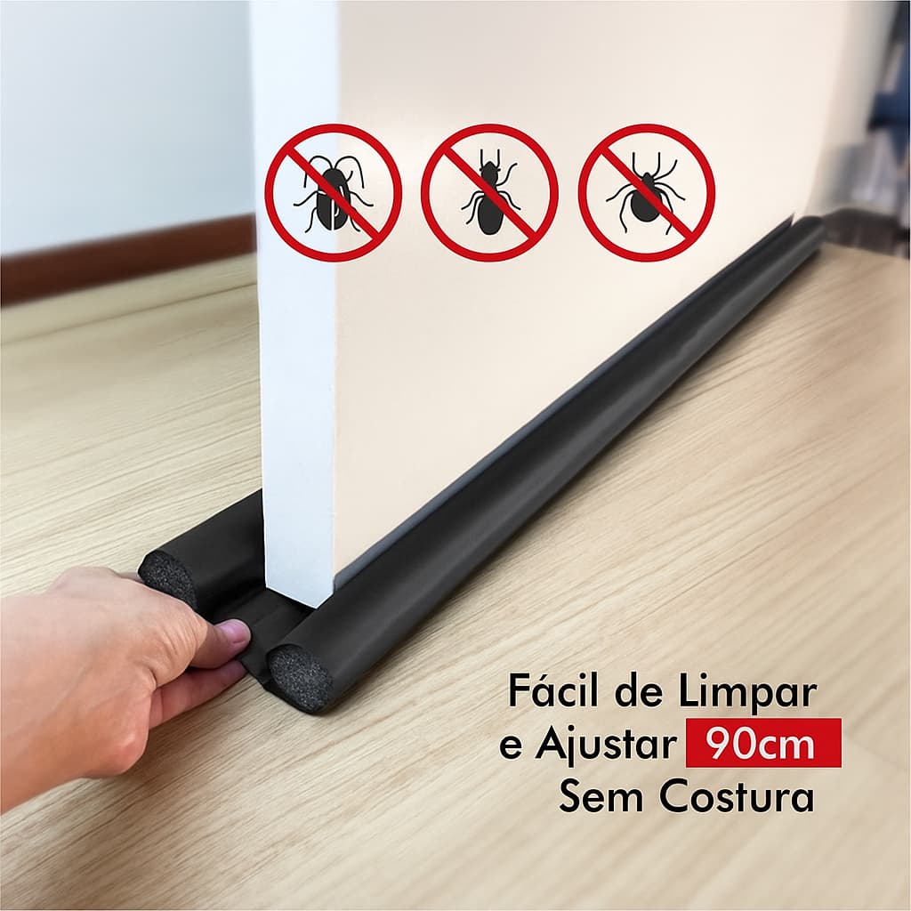Protetor Rolinho Veda Porta Impermeável 90 cm sem Costura Preto Ajustável Vedação Dupla