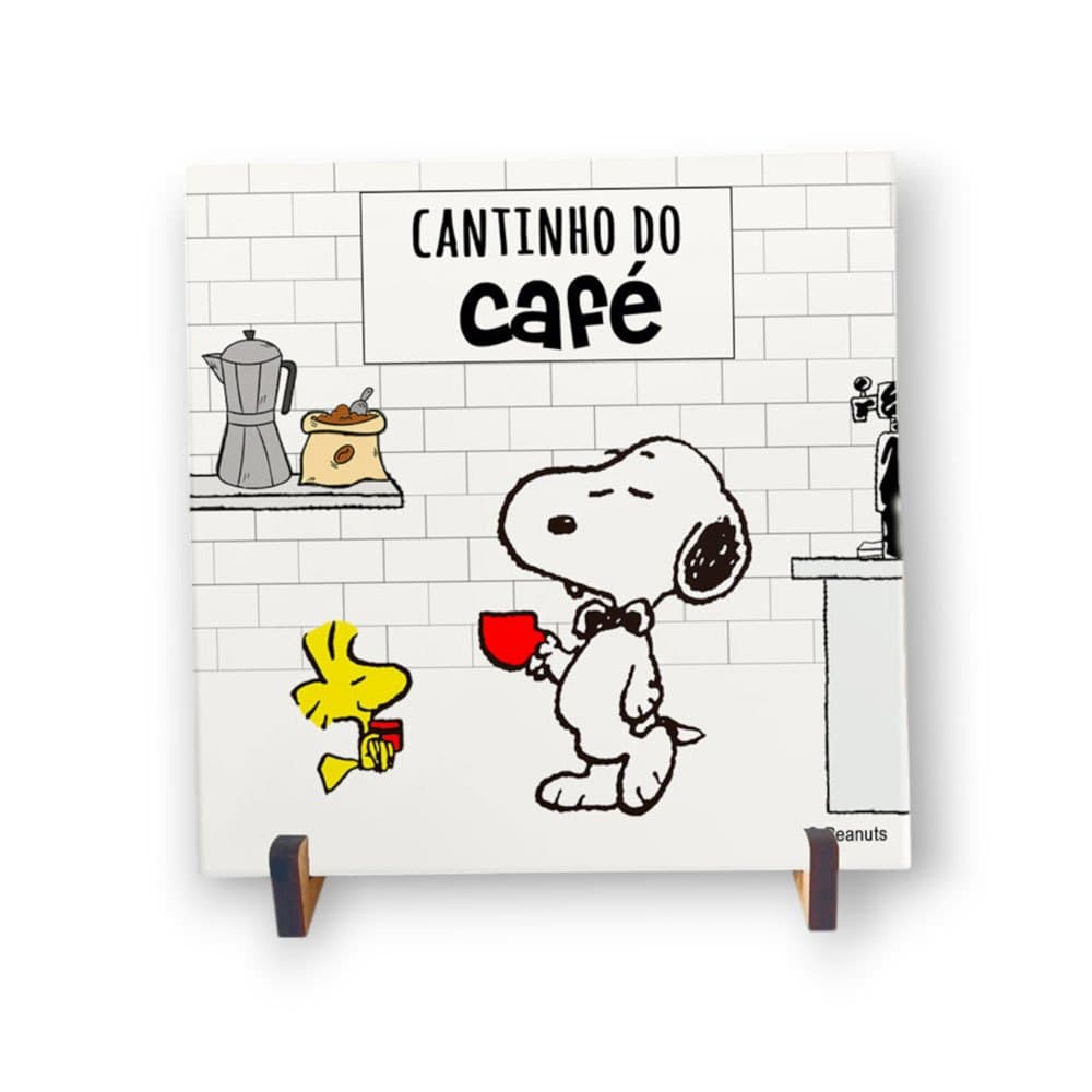 Quadro Cantinho do Café do Snoopy | Decoração Cozinha 20x20cm com Suporte e Fita dupla face