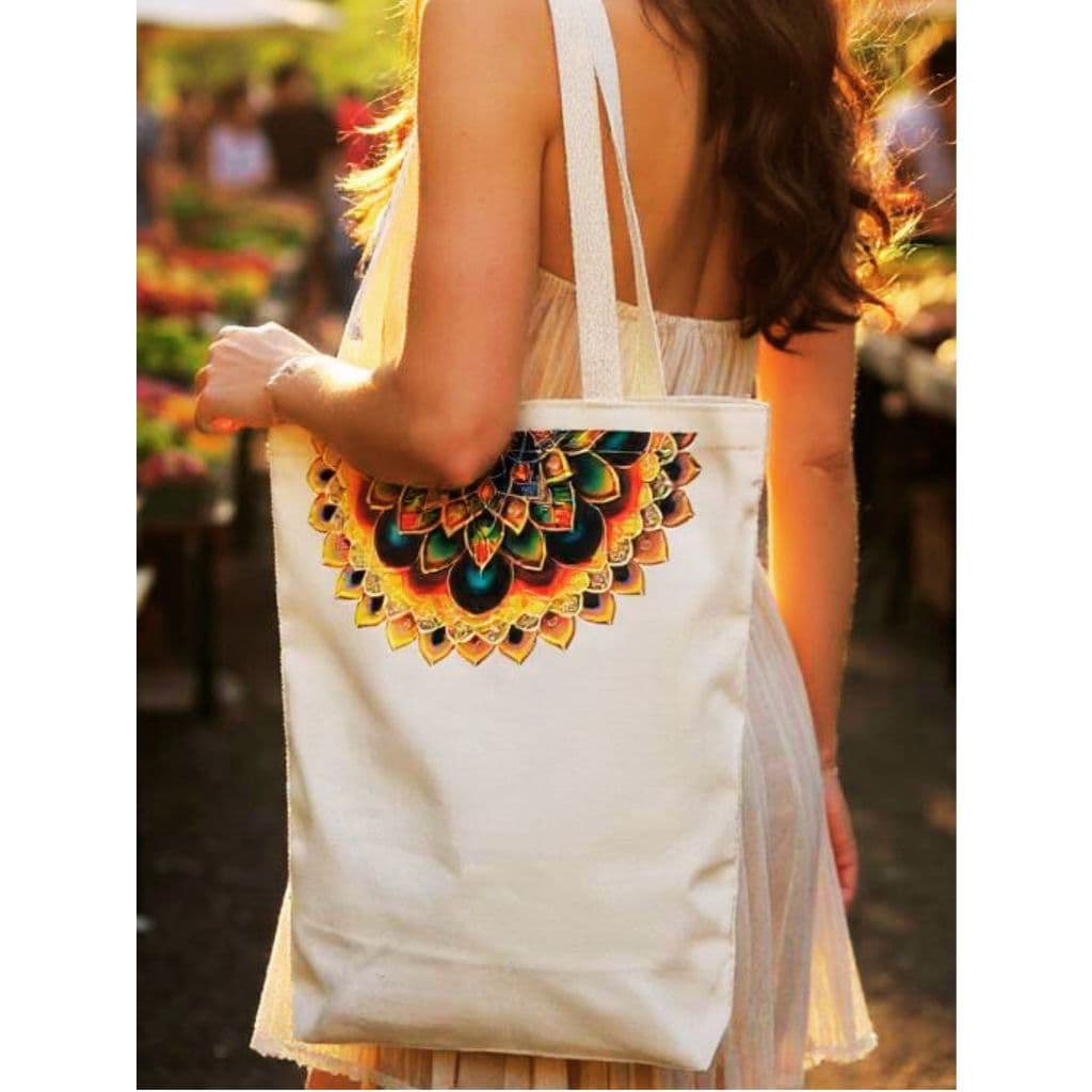 Ecobag Algodão Cru Desenho Mandala Sacola Bolsa de Praia Feminina Presente Casual SK