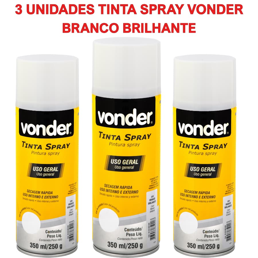 3 Tintas Spray BRANCO BRILHANTE Uso Geral 350ML Secagem Rápida VONDER