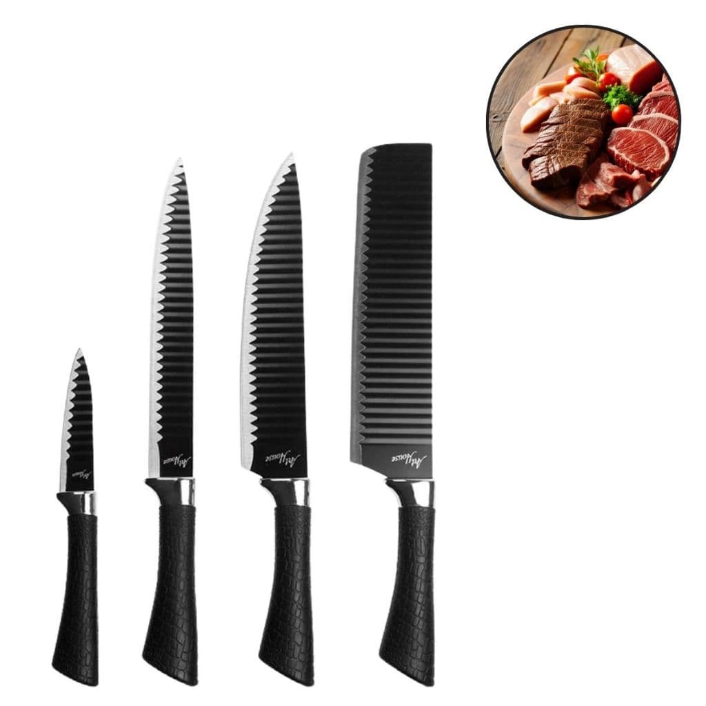 Kit 4 Facas Cozinha Fio Aço Inox Máxima Resistencia Faca Preta
