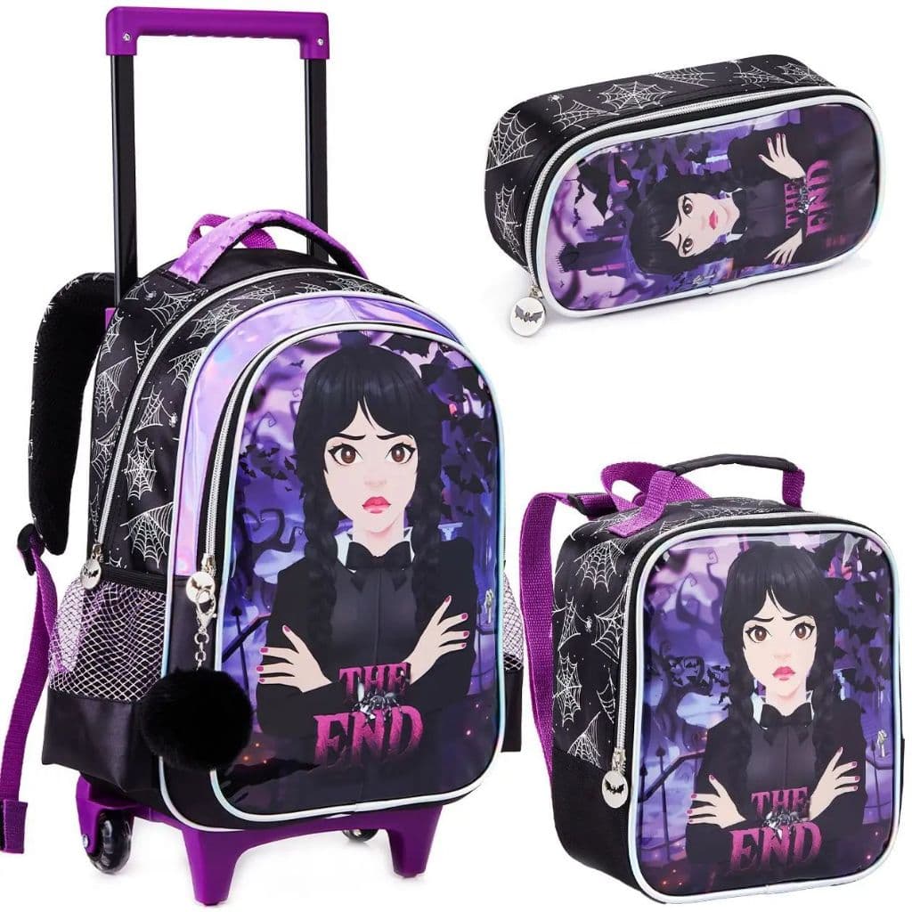Kit Escolar Wandinha: Mochila de Rodinha, Lancheira Térmica e Estojo