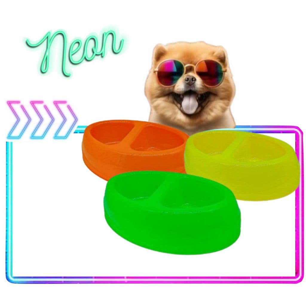 Comedouro Bebedouro Duplo Neon Pet Para Gato Cachorro Coelho 2 em 1 Água e Ração 500ml Cada Lado