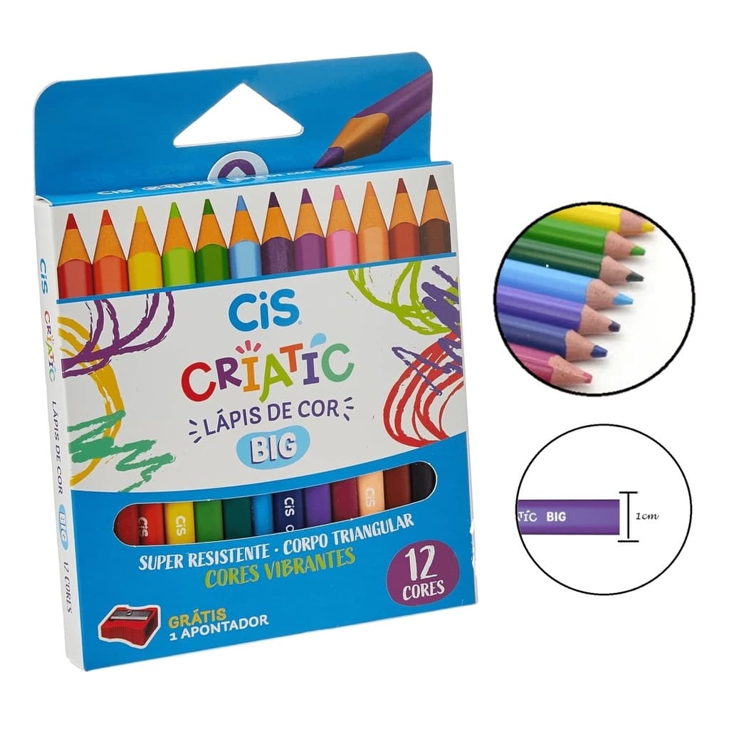 Lápis de Cor Big  Cis Criatic 12 Cores c/ Apontador Escolar Jumbo Lapis
