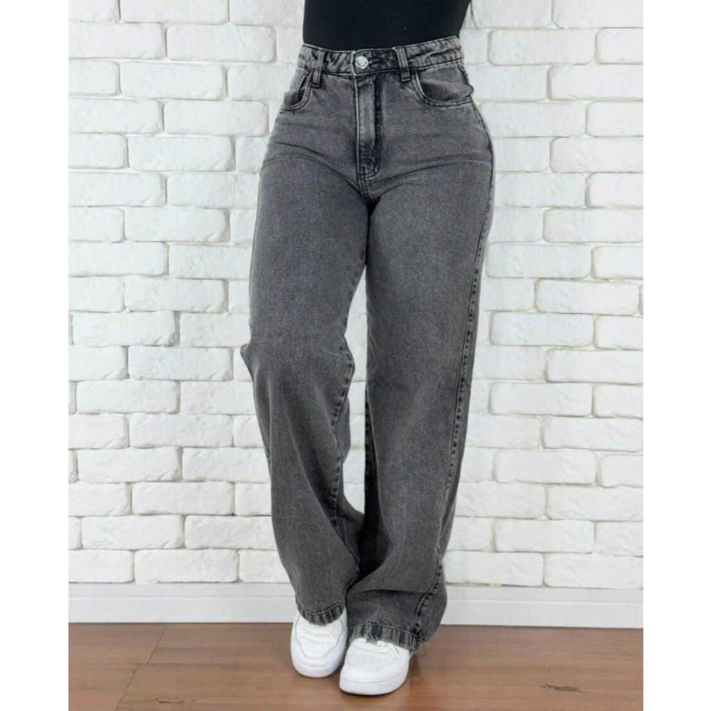 Calça Jeans Feminina Wideleg Pantalona empina bumbum Grafite Cintura Alta do 34 ao 44