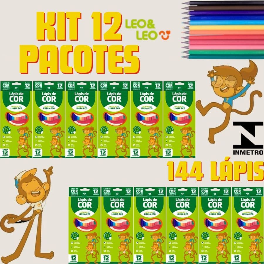 Kit 12 Pacotes 144 Lápis De Colorir 17,5cm Linha Eco Escolar Infantil Itens De Papelaria Leo&Leo