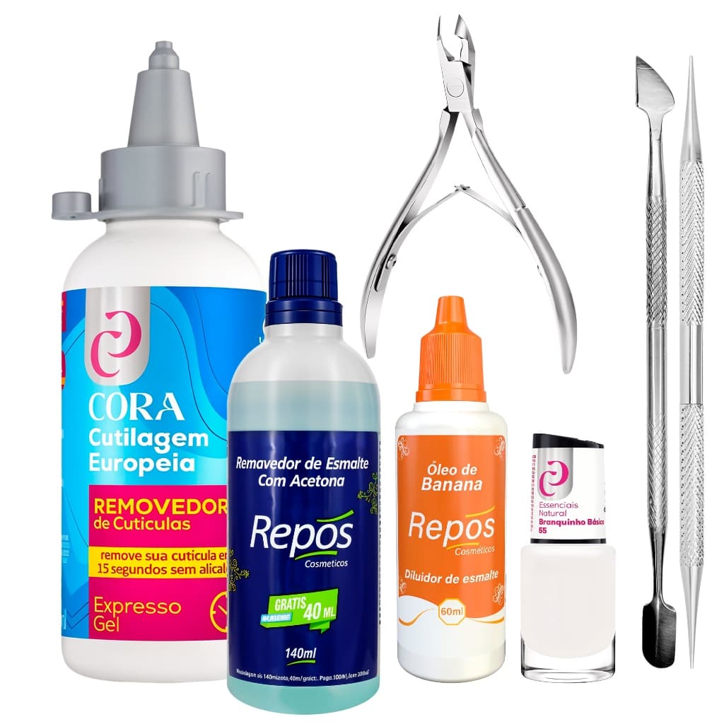 Kit Removedor De Cutícula Gel Unhas Acetona 100ml Óleo Diluente Esmalte Alicate Cutícula Espátula