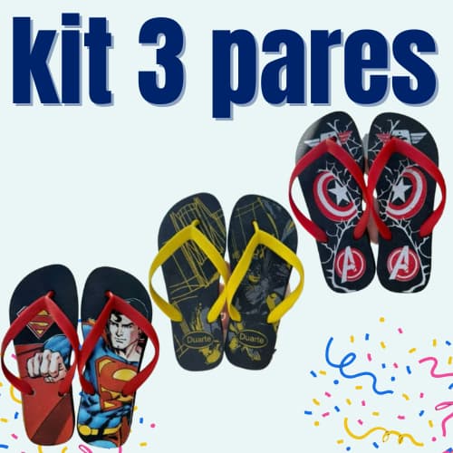 Kit 3 Pares de Chinelo Sandalia Juvenil Masculino Personagens Promocao