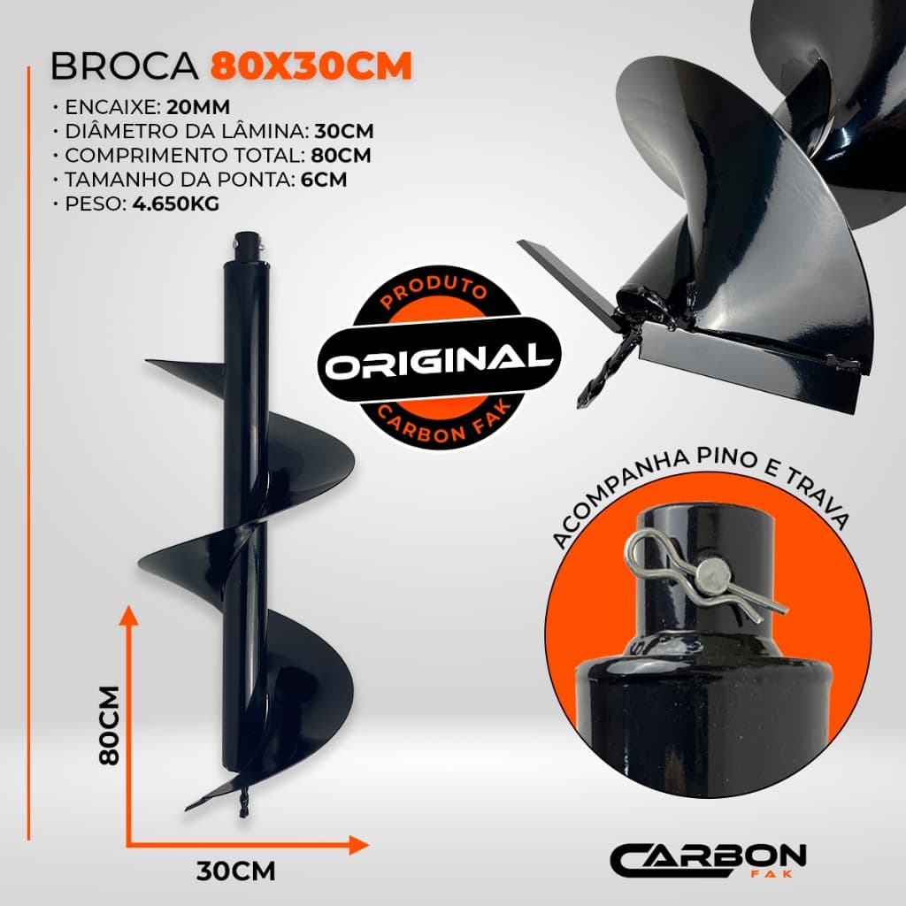 Broca 80x30cm com Pino Trava para Perfurador de Solo Carbon Fak
