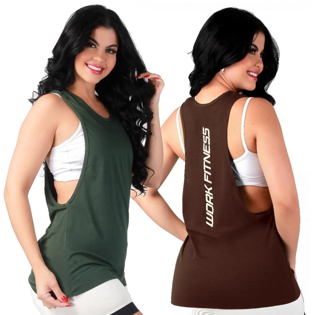 Kit 2 Blusa Camiseta Regata Cavada Estampada Costas