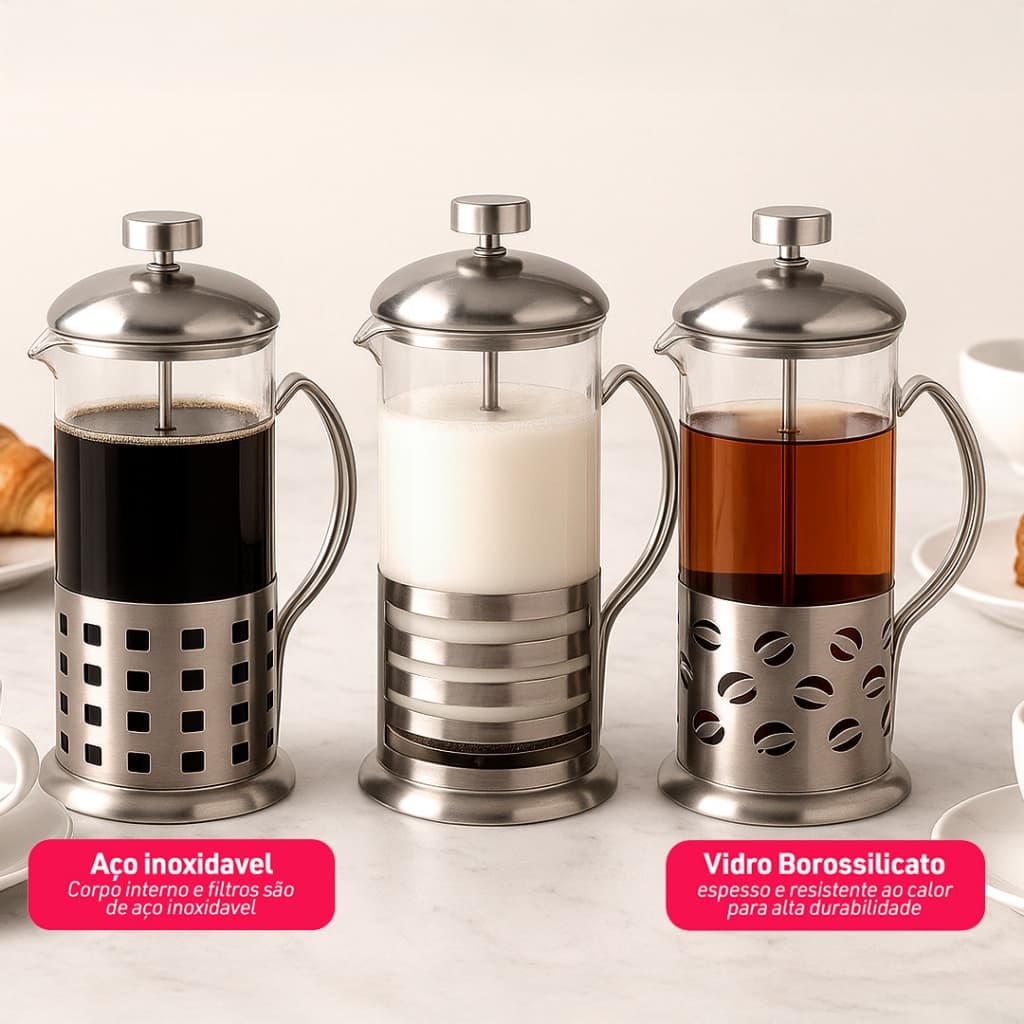 Cafeteira Manual Prensa Francesa 600ml Inox 3 Modelos -Dolce Home