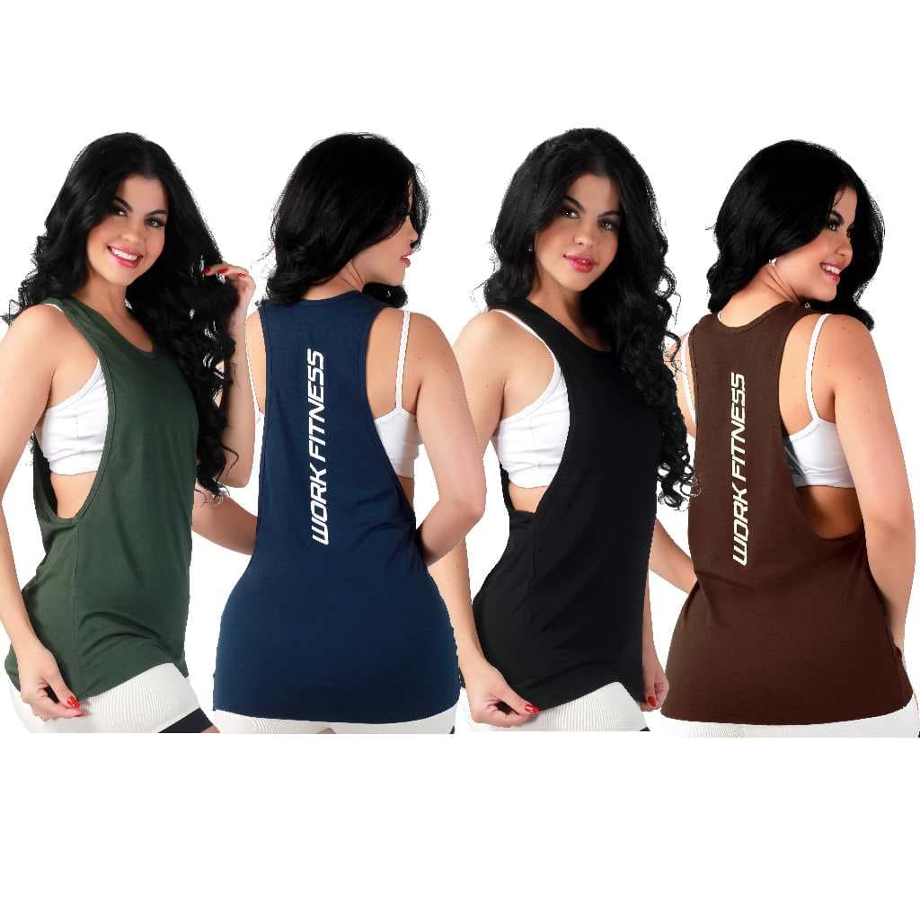 Kit 4 Blusa Camiseta Regata Cavada Estampada Costas Blusa Feminina Academia