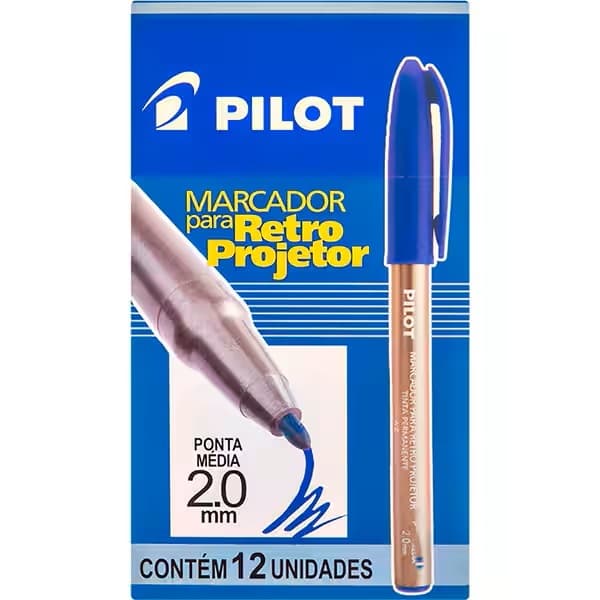 Caneta marcador retroprojetor ponta média Pilot c/12 azul