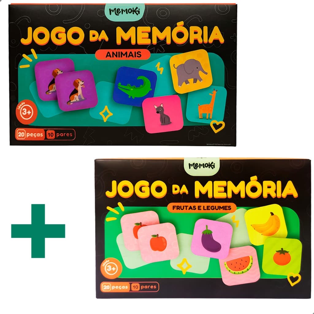 Jogo da Memória Infantil MDF Kit Animais e Frutas Natureza Divertida 2 Jogos 20 Peças Cada Educativo e Lúdico