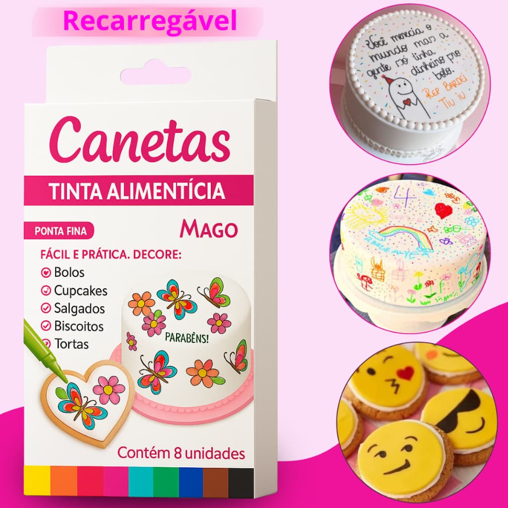 Kit 8 Canetas Alimenticia Comestivel Para Bolo Pasta americana Doces Papel De Arroz Com Ponta fina