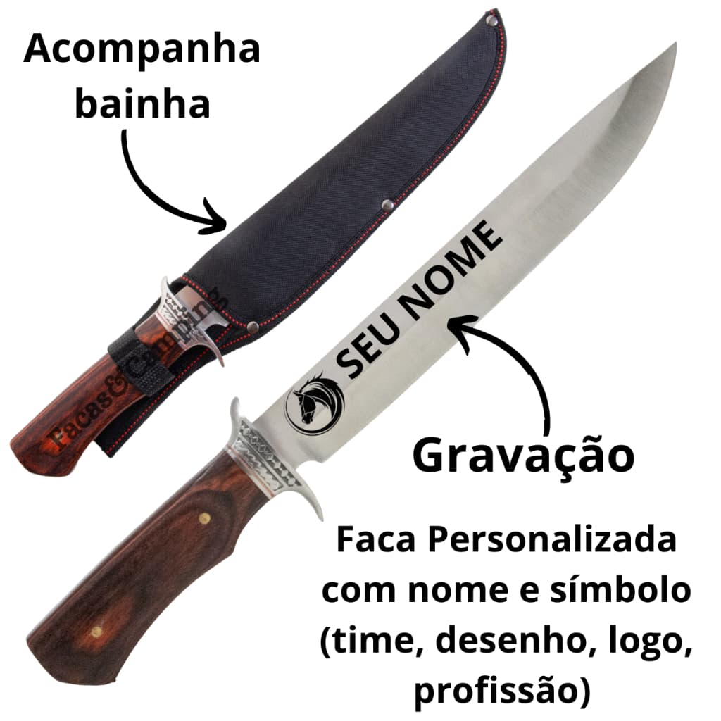 Faca Gravação Personalizada Churrasco Caça Pesca Cozinha 40cm Com Bainha