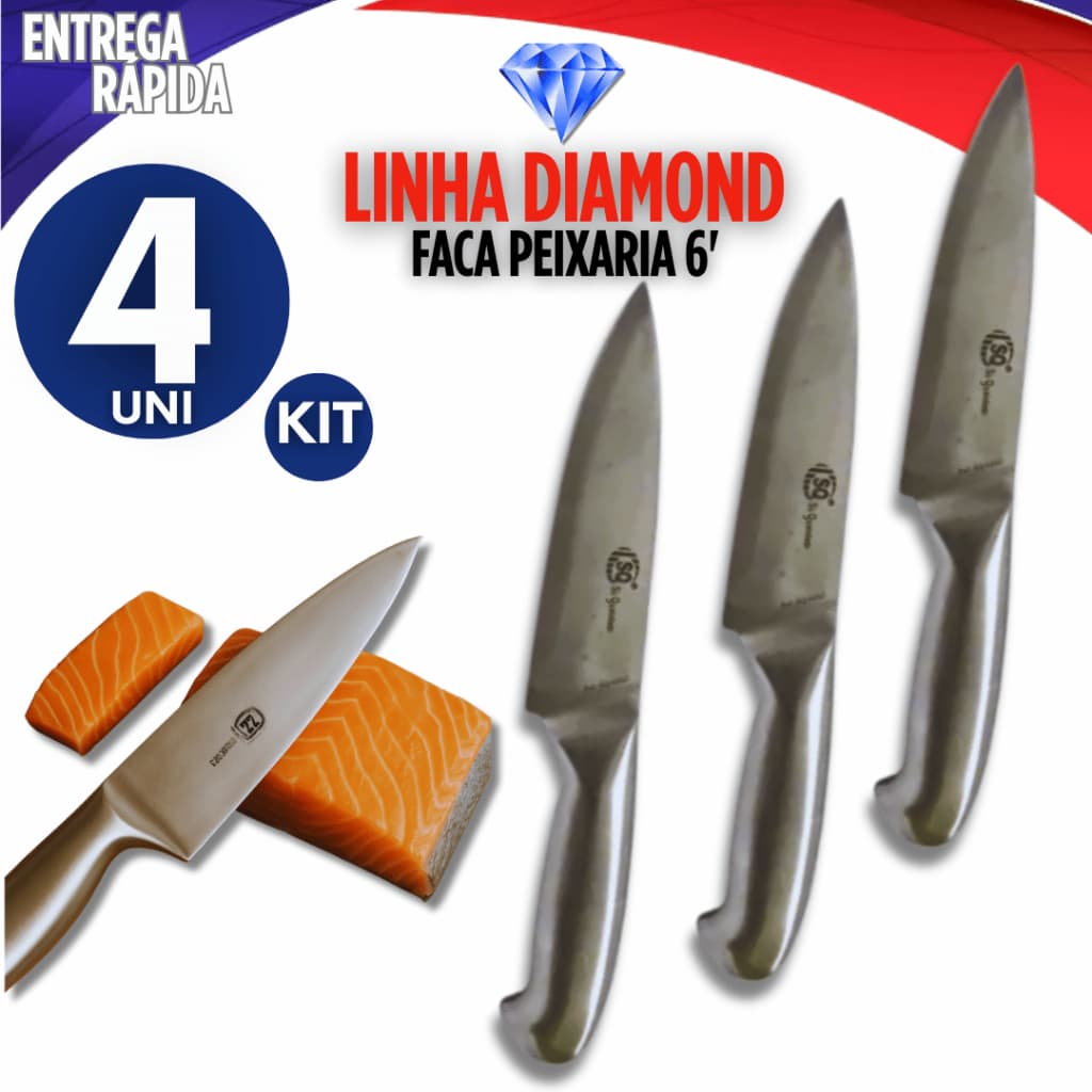 Kit 4 Faca Peixeira em Inox Linha Texas 6' Polegadas Cabo Inox Cortar Premium Carnes Verduras Legumes para Cozinha