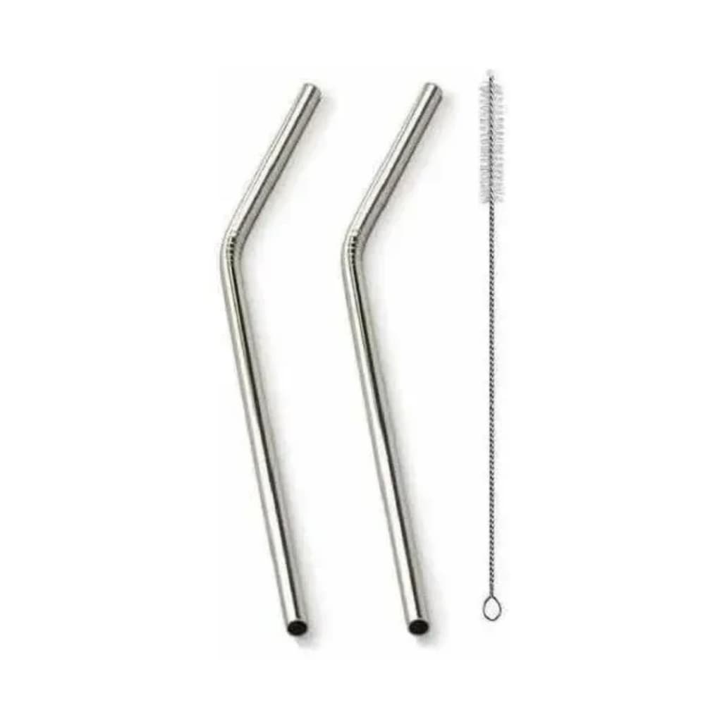 Kit 2 Canudos Aço Inox Curvo Para Vitamina, Milk Shake Prata + Escova de Limpeza 25,5cm