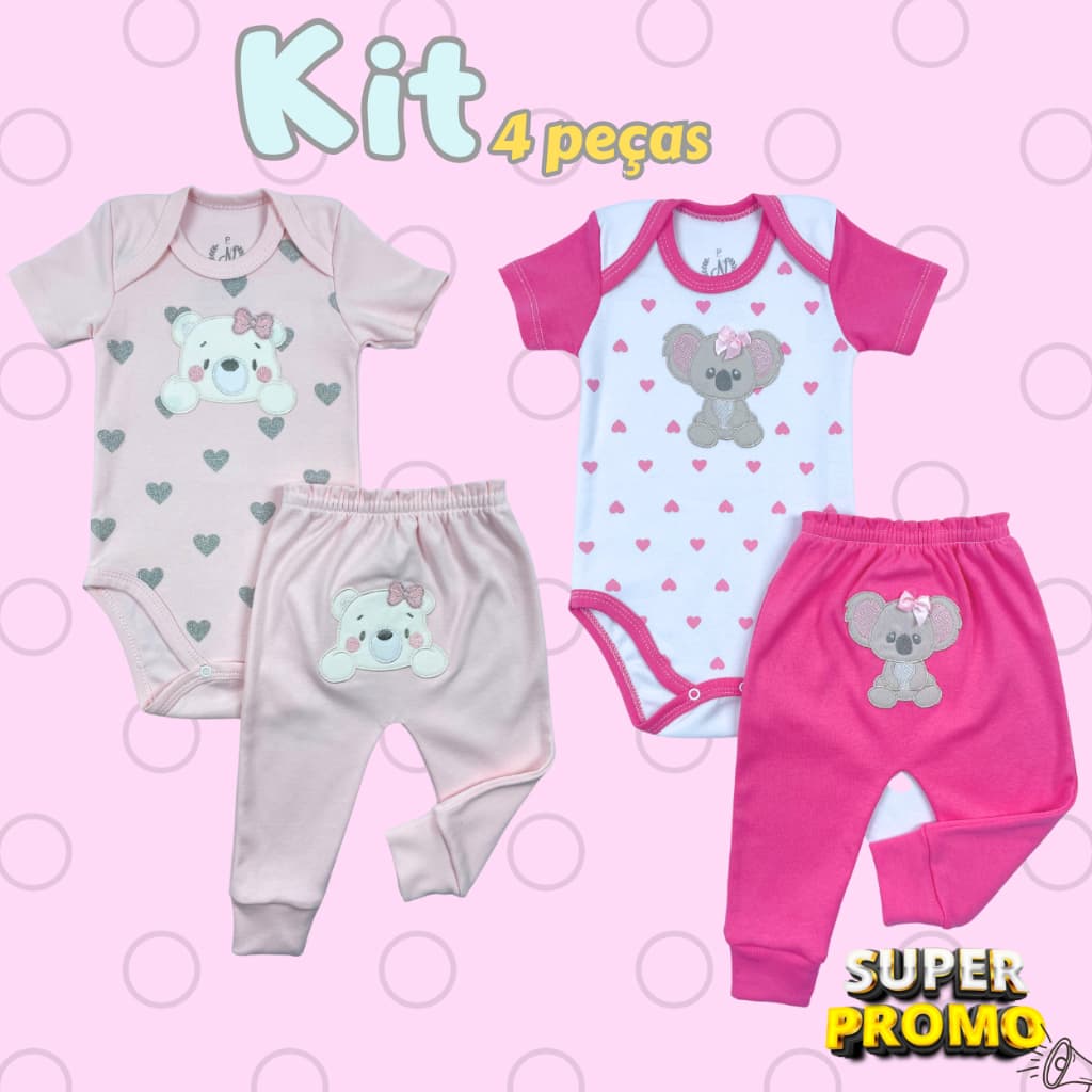 Conjunto Infantil Kit 4 Peças Roupa Bebê Menino Menina - 2 Body + 2 Calças (Mijão) Estampa Bordada