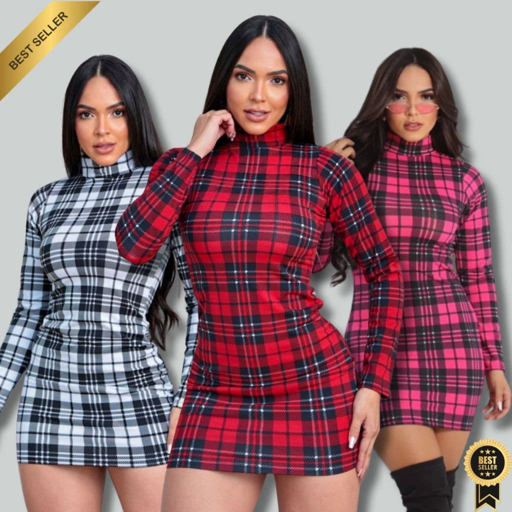 Vestido Manga Longa Xadrez Gola Alta Curto Moda Feminina Suplex