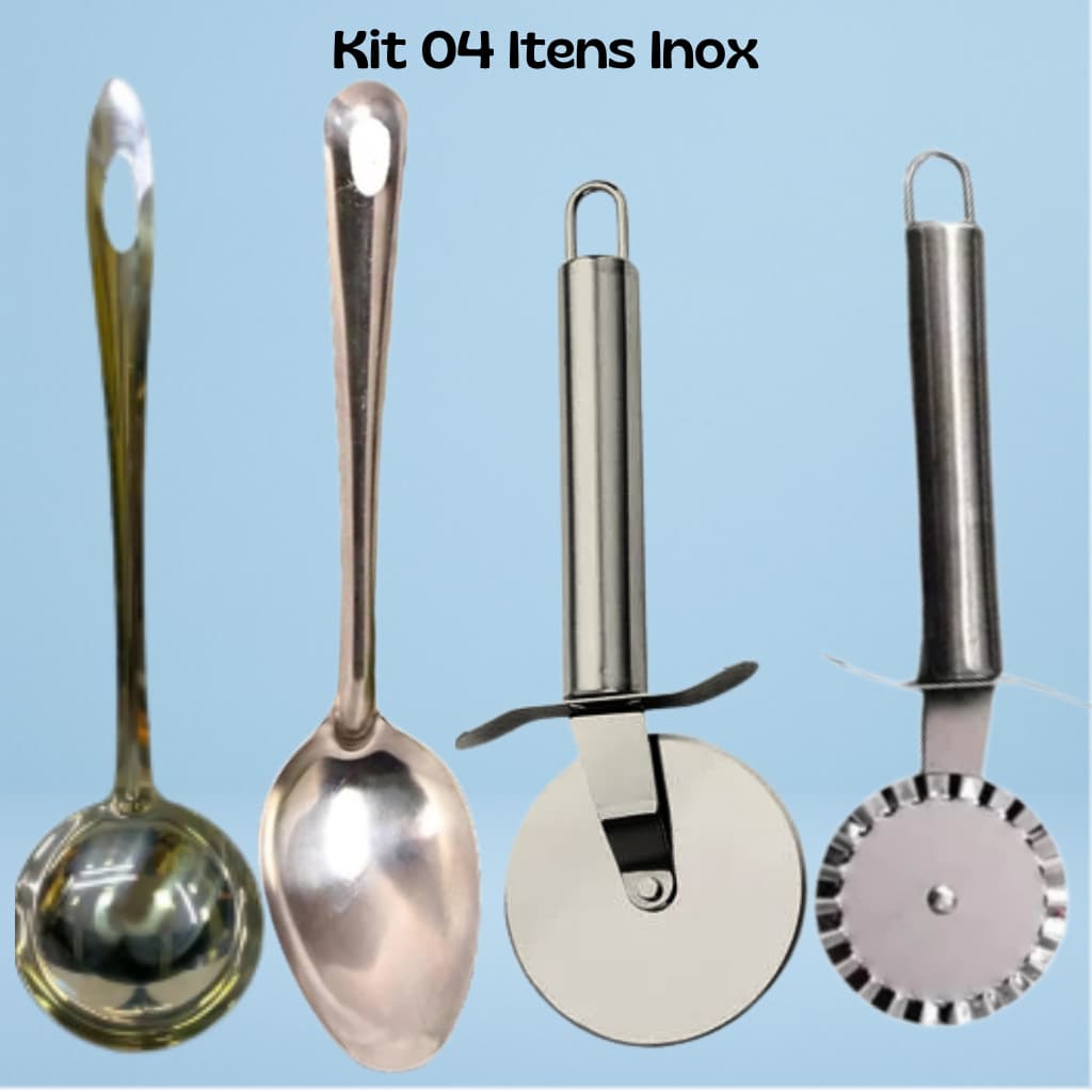Kit Cozinha de Utensílios Inox Colher de Arroz Concha de Feijão Cortador de Pizza Cortador de Pastel