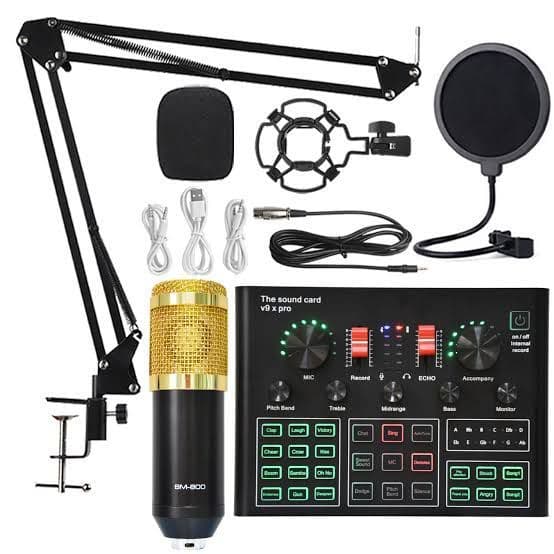 Microfone Profissional VX9 Pro com Placa de Som V8 – Kit Completo para Gravações e Lives