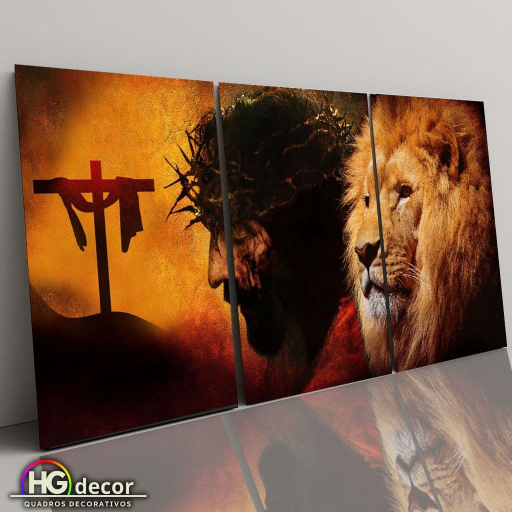 Kit 3 Quadros Jesus Cristo e Leão de Judá com Cruz – Arte Cristã Decorativa | Fé, Força e Propósito