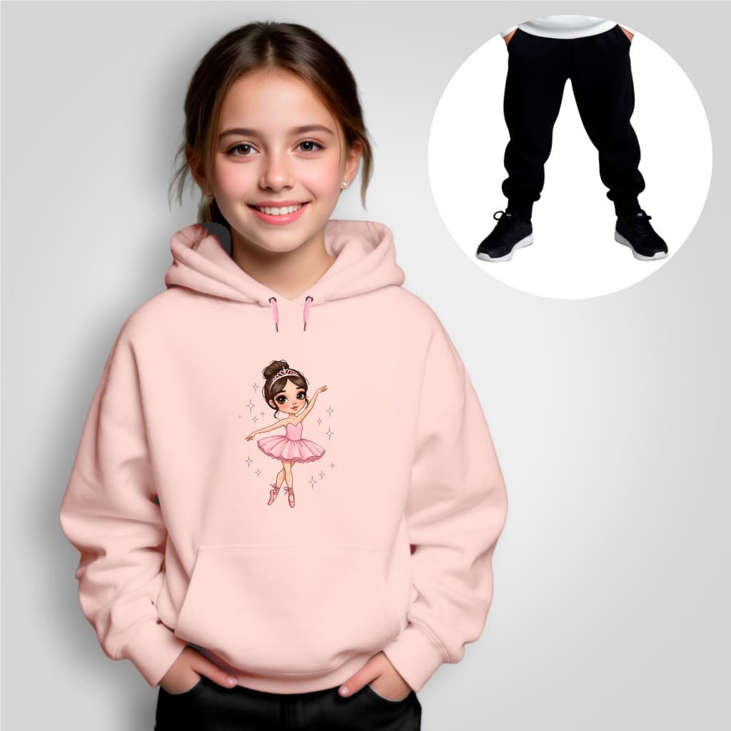 Conjunto Moletom Infantil Canguru + Calça Estampado Bailarina Inverno Menina