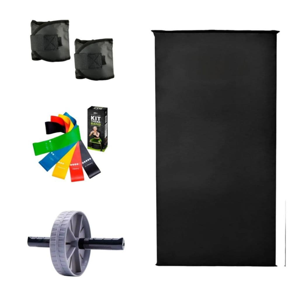Kit Academia Em Casa Par Caneleira 2 Kg + Colchonete + Roda Abdominal + Kit Elásticos Funcional