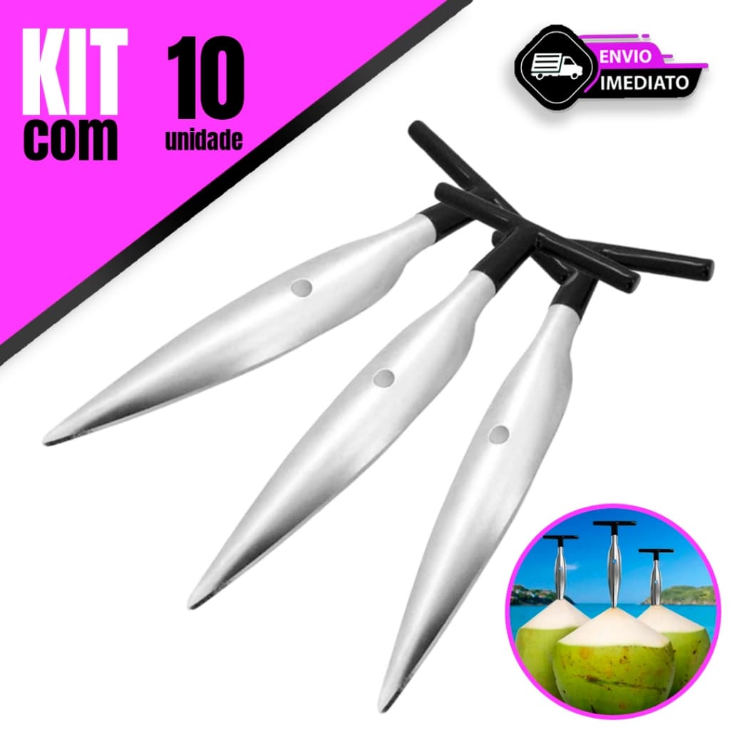 Kit 10 Furador de Coco Inox – Abridor Prático para Água de Coco Natural