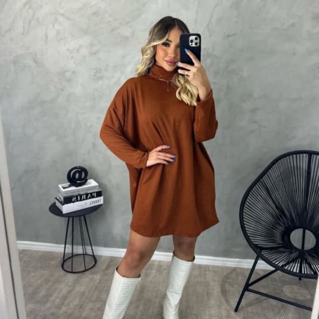 Vestido Feminino Manga Longa Gola Alta Inverno Poncho Maxi Blusa Lanzinha