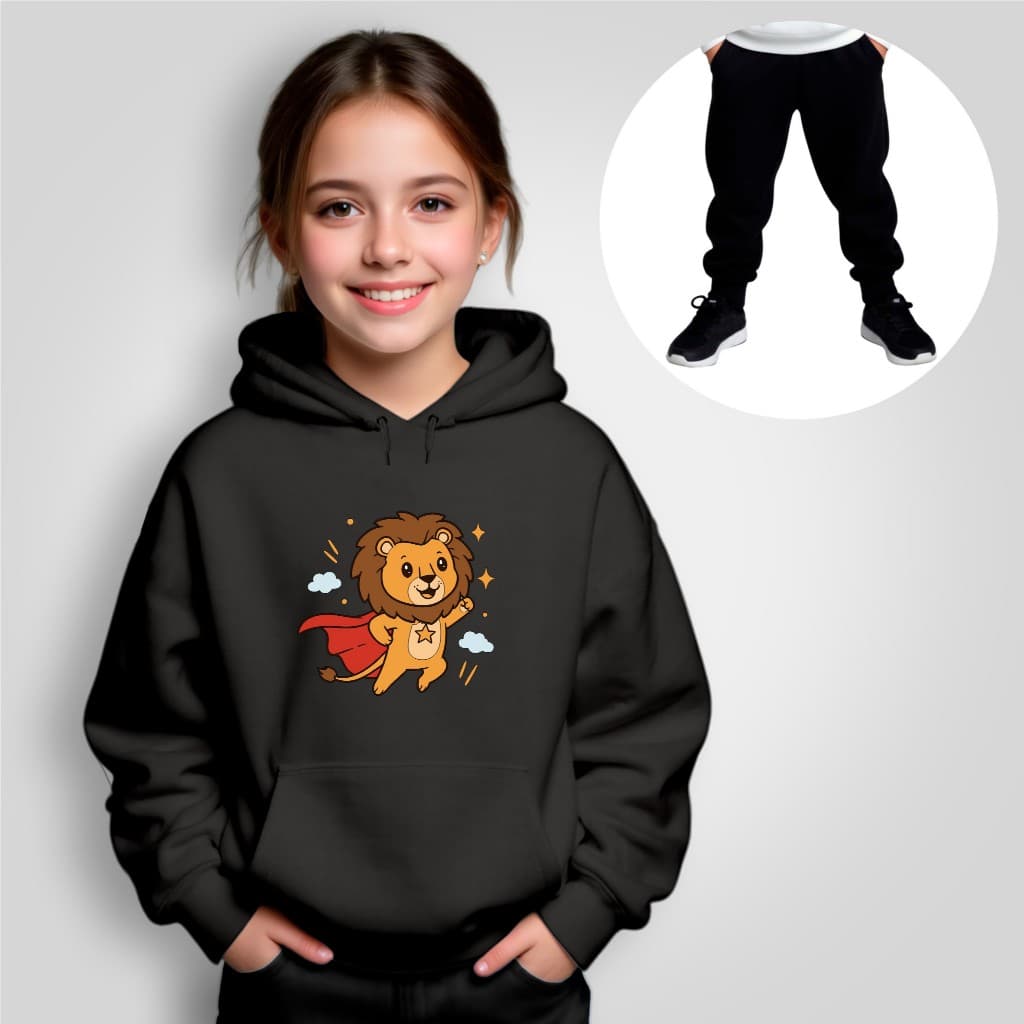 Conjunto Moletom Infantil Canguru Leão Super Herói Divertido Inverno Quente Menino Menina