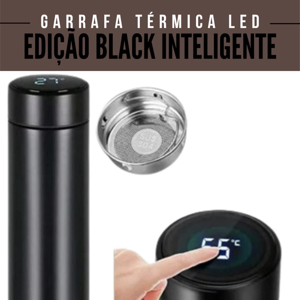 Garrafa Térmica com Termômetro LED 500ml Preta – Estilo, Temperatura Certa e Exclusividade