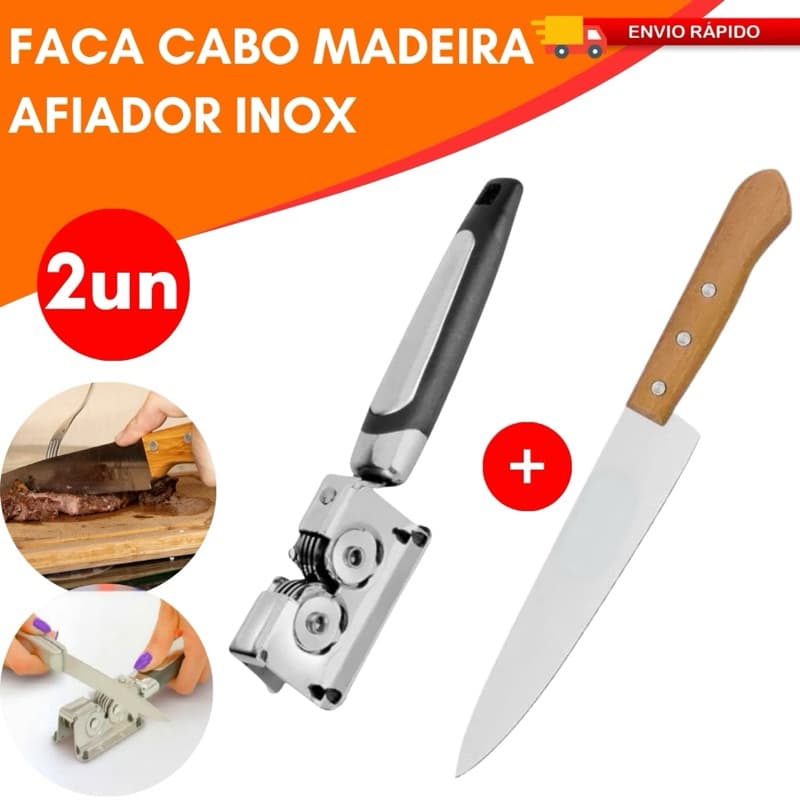 Kit Cozinha Faca Cabo Madeira e Afiador Inox Alta Qualidade