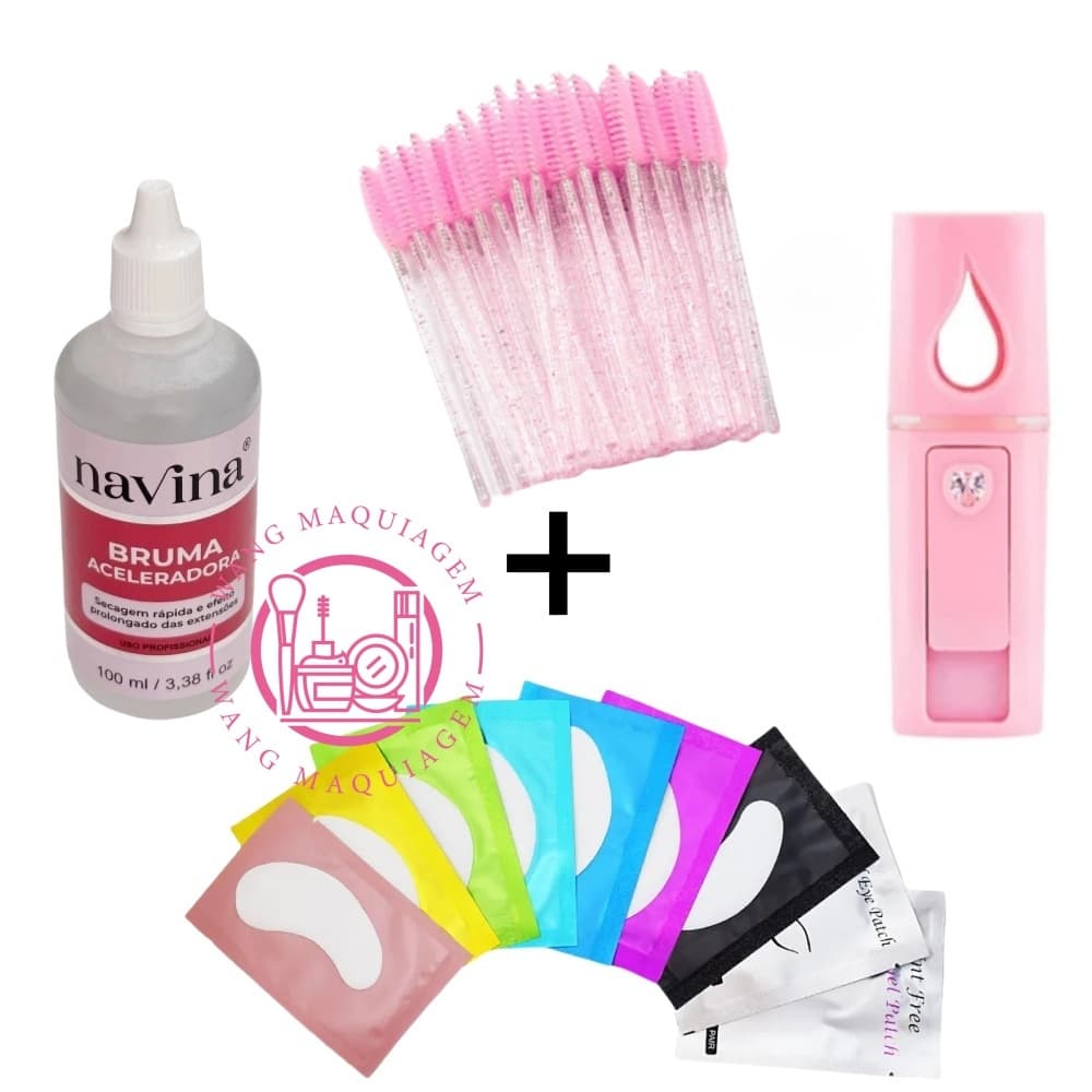 Conjunto Kit 50 Escovinhas + Navina Bruma 100ml + Nano Vaporizador + 50 Pares Gel Pad Protetor