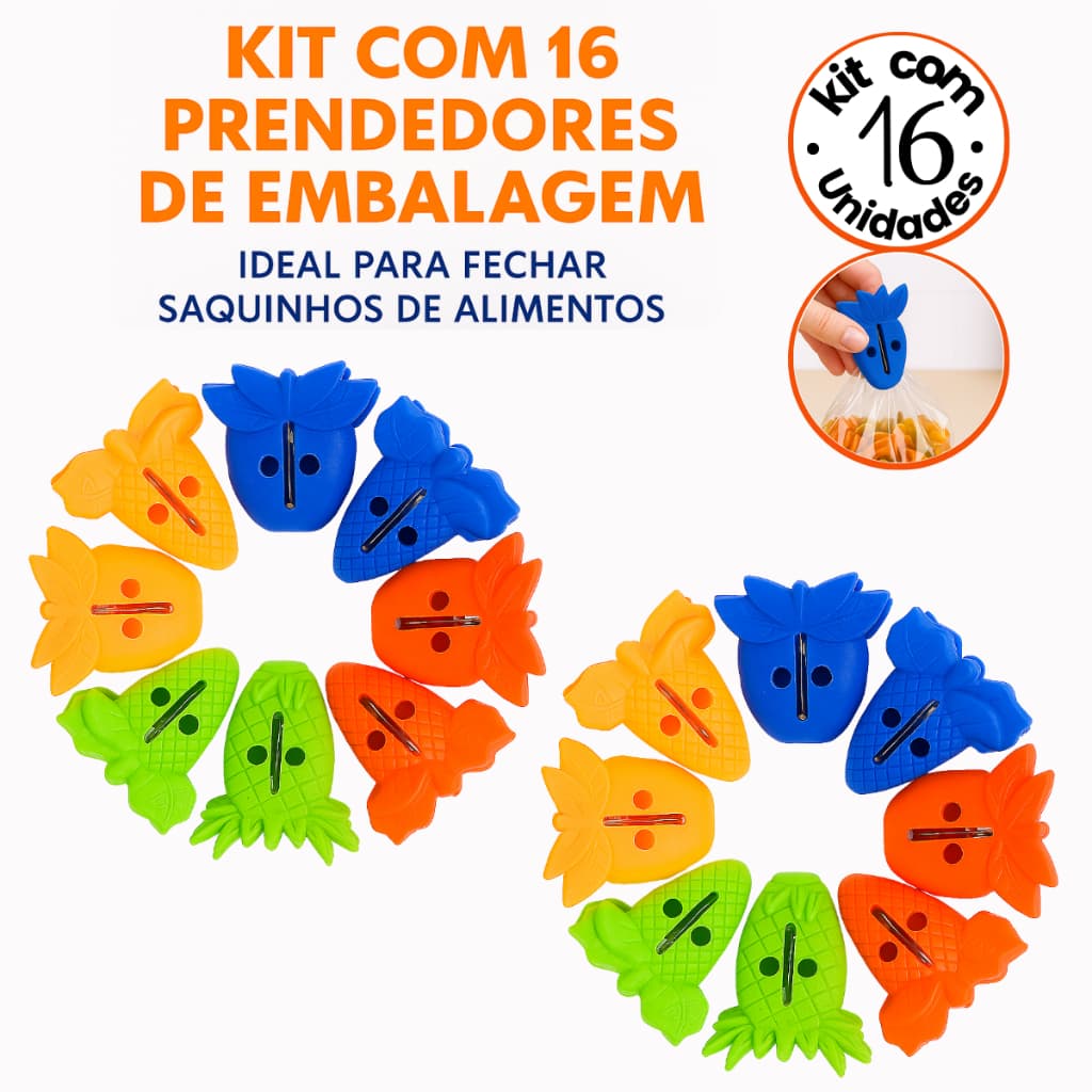 Kit 16 Prendedor De Embalagem Saquinhos Alimentos Veda Cozinha Colorido Multiuso Frutas Milho
