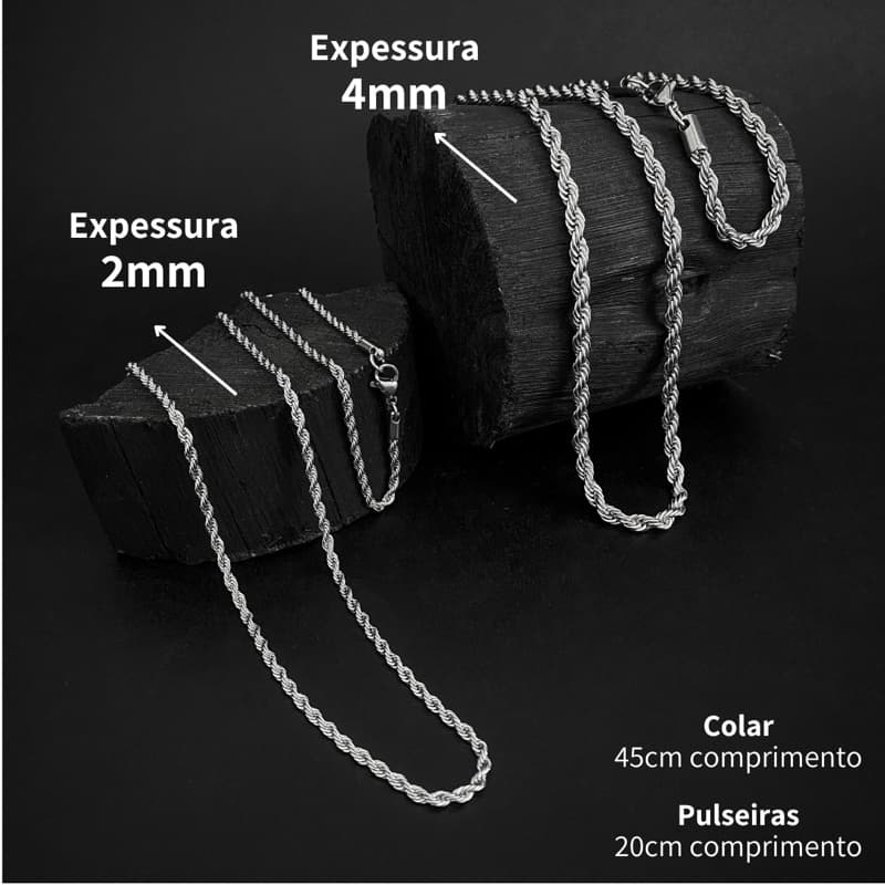 Corrente Colar Pulseira Masculina Feminina Aço Inoxidável Torcida Baiano cor prata 316l Rope Chain