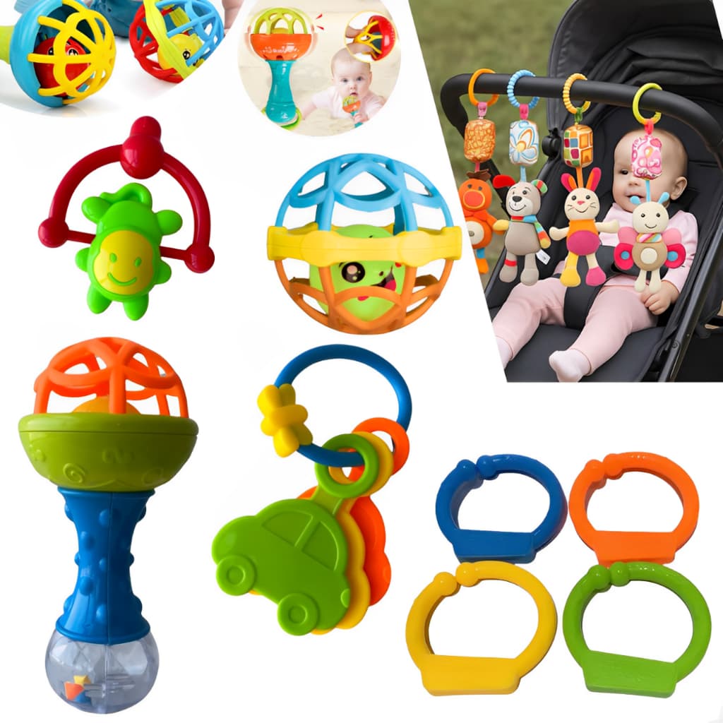 Chocalho Mordedor Kit 8 + Móbile Berço Pelúcia Sensorial Brinquedo Bebê Estimulo Montessori