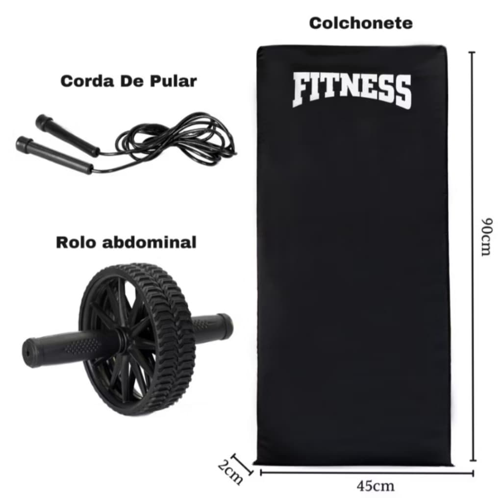 kit treino 3 peças colchonete-roda abdominal-corda pular exercicios