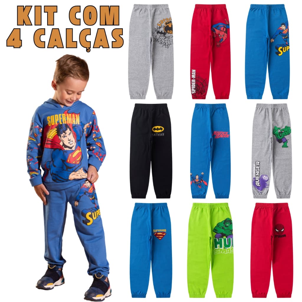 Kit com 04 Calças Moletom Infantil Bebê Menino Flanelada de Frio Super Herois Masculino Personagens