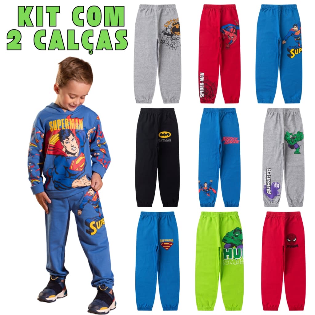 Kit com 02 Calças Moletom Infantil  Bebe Menino Flanelada de Frio Super Herois Masculino Personagens