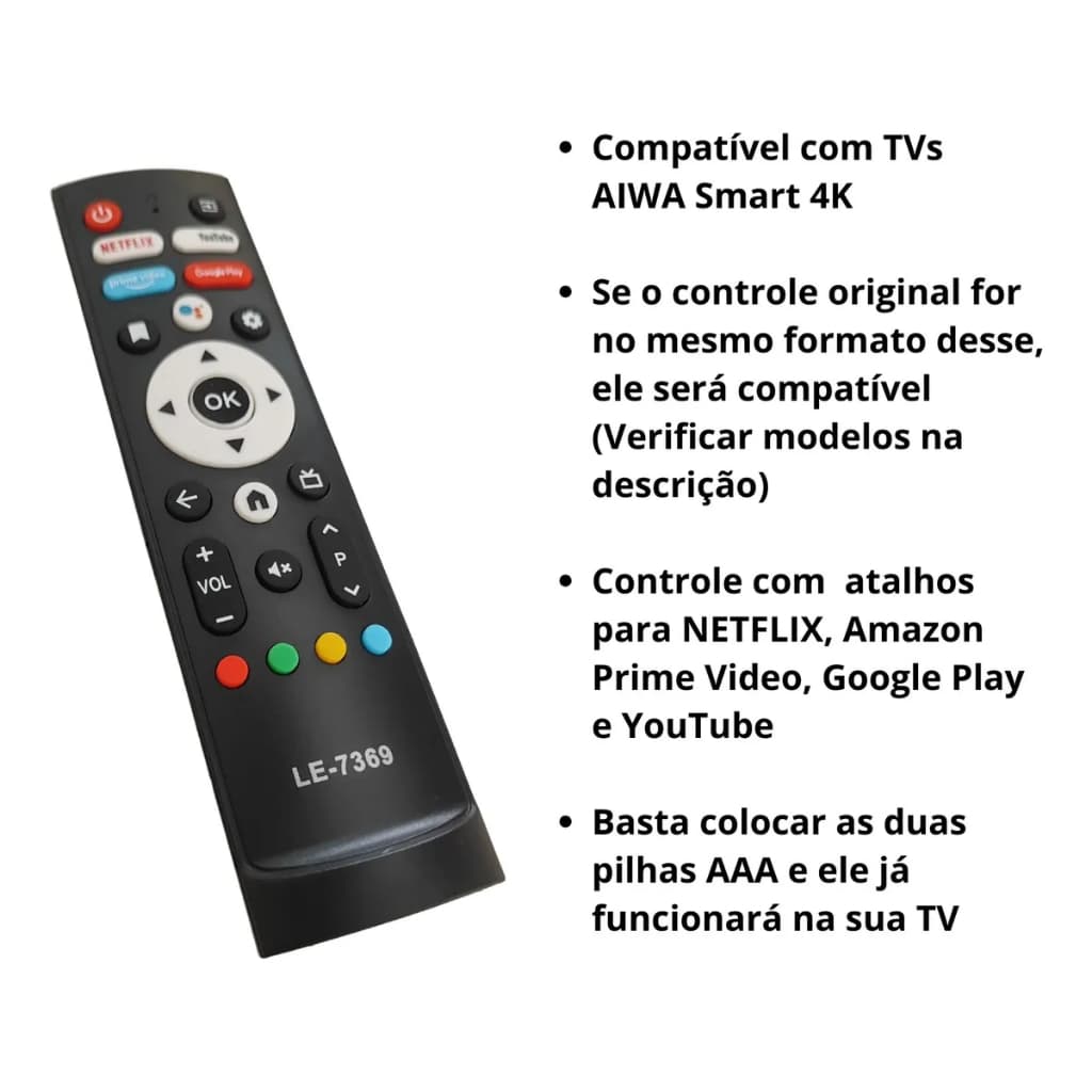 Controle Remoto Compatível TV Smart 4k Aiwa S/ Comando De Voz
