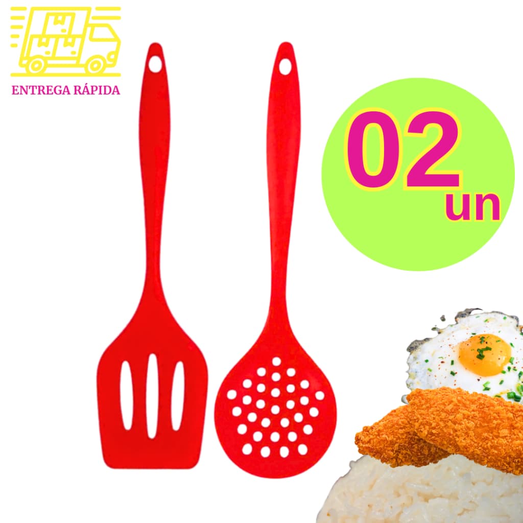 Kit 1 Escumadeira e 1 Espátula Chapeiro de Silicone Vazada Premium 28,6cm Altas Temperaturas Cozinha