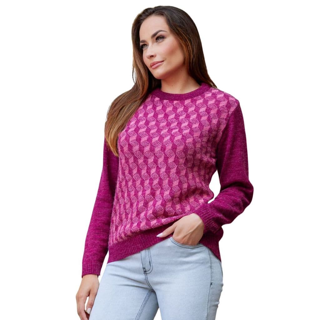 Blusa Suéter Tricô Feminina de Lã Gola Redonda Inverno Tricot Geométrico