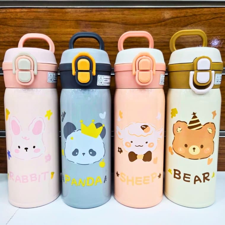 💦🐻 Garrafa de Água Térmica 350ml/500ml – Tampa flip e canudo silicone desenhos fofos para crianças cheias de energia! ⚡🎨