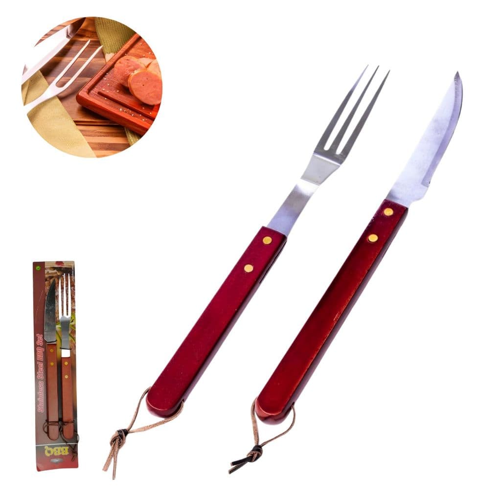 Conjunto para Churrasco Garfo e Faca Grande de Madeira e Aço Inox