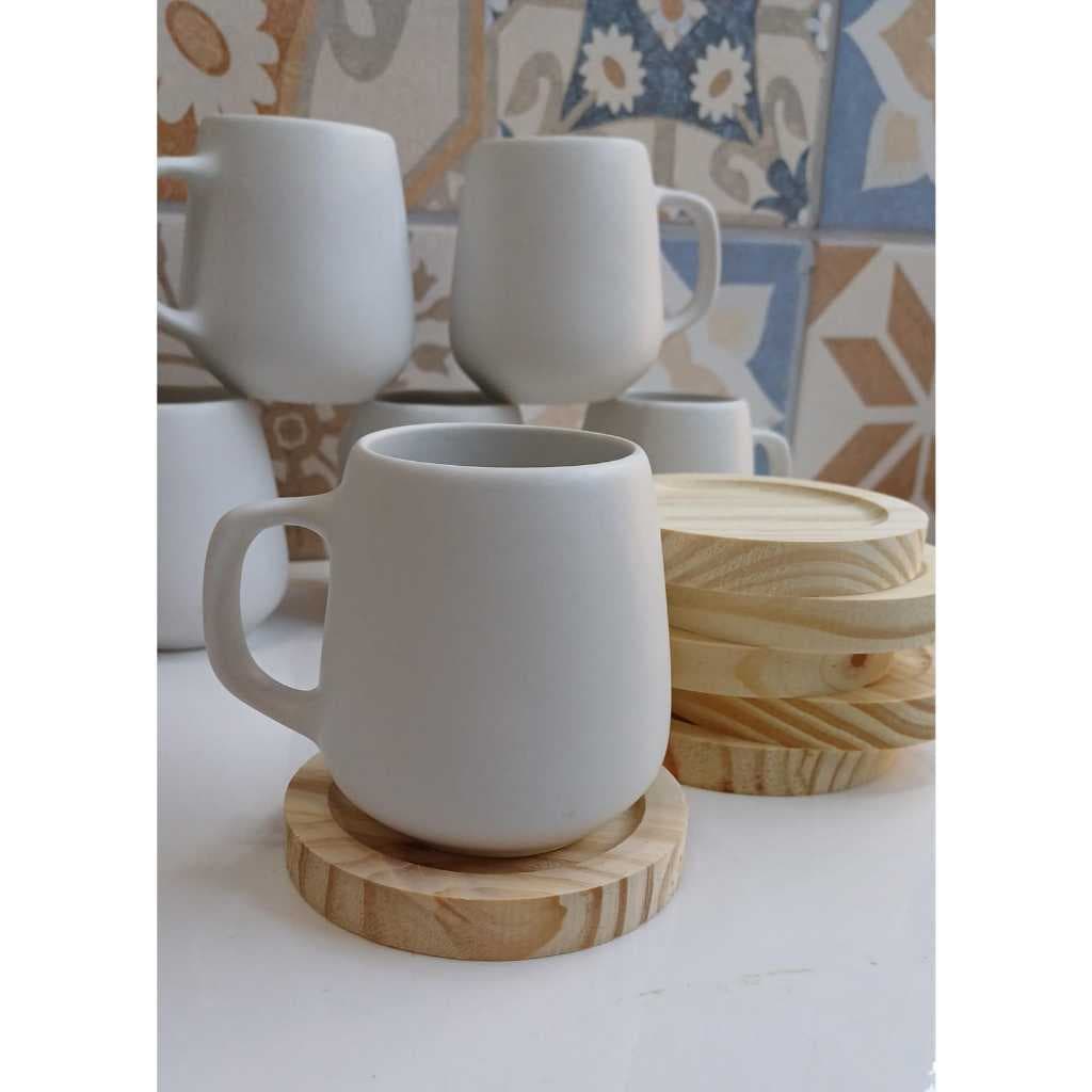 Jogo 6 Xicara Caneca Bojuda 260ml Organica Porcelana Chá Café COM PIRES MADEIRA