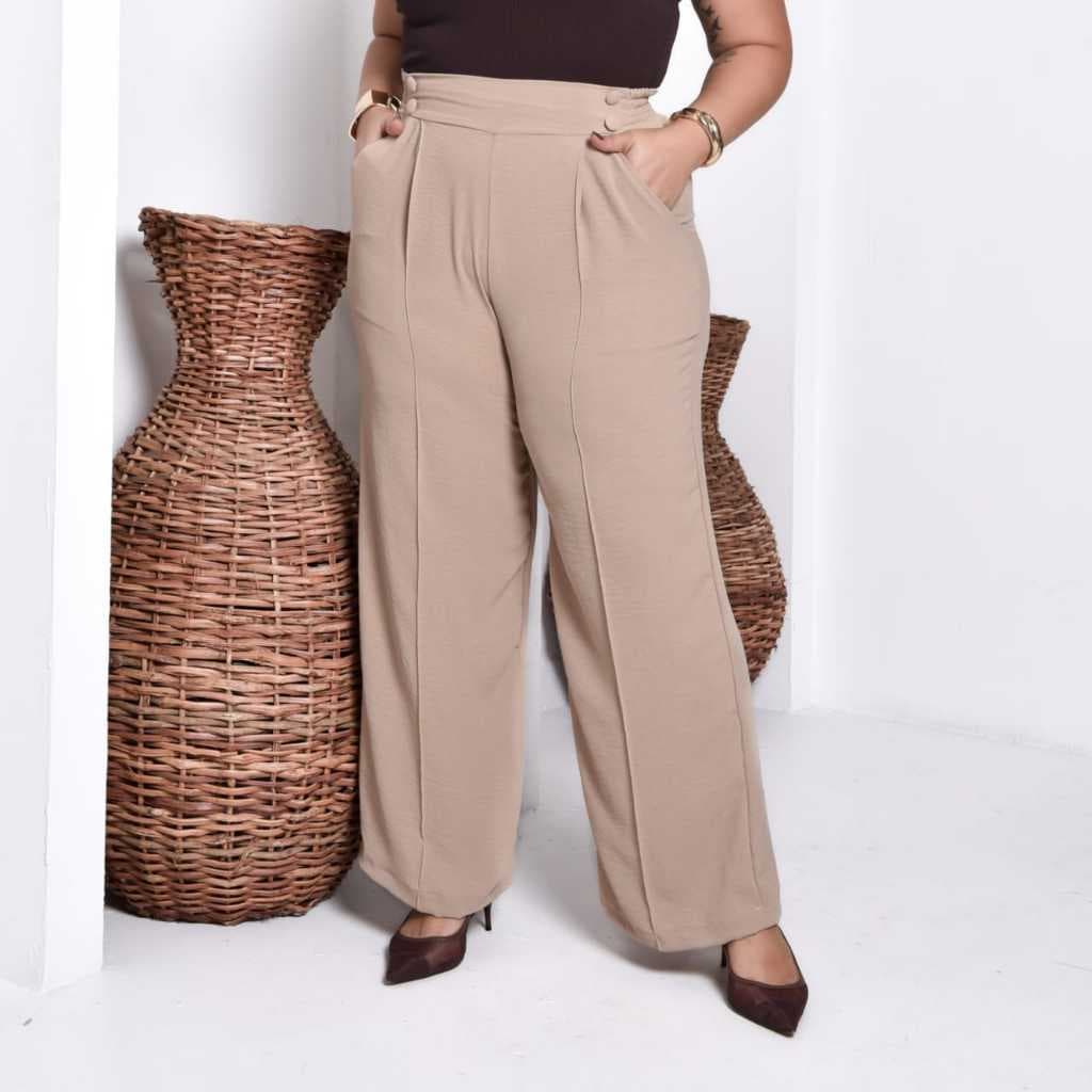 Calça Pantalona Duna Plus Size Feminina Com Elástico Na Cintura Com Bolso. Cintura Alta Tecido Duna