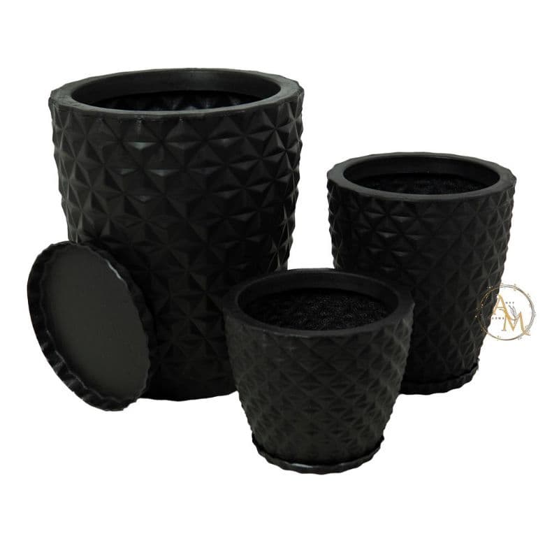 Kit 3 Vasos Decorativos para Plantas Polietileno Diamantado Jardim Sala Varanda com Prato Coletor