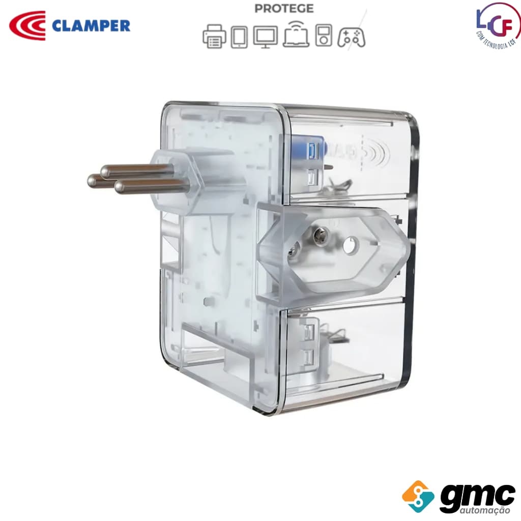 Protetor Dps Energia 3 Tomadas 10A Tecnologia LCF Transparente e Preto - Clamper